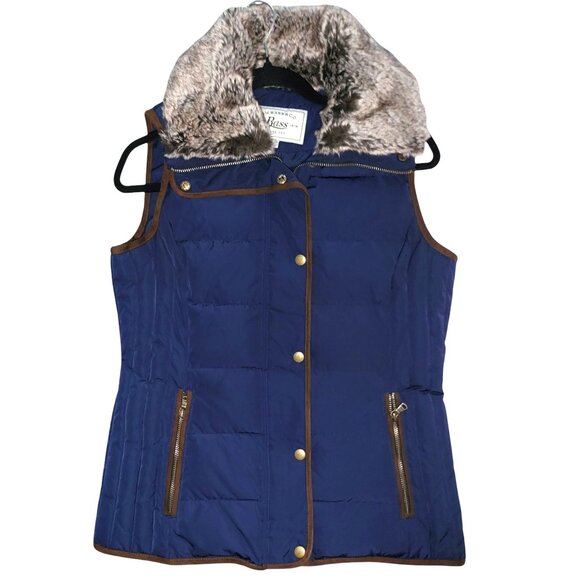 G.H. Bass & Co. | Faux Fur Trim Navy Blue, Brown Outline Puffer Vest - Picture 2 of 15